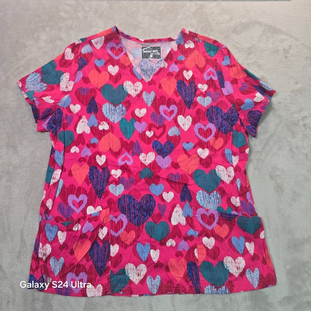Butter-Soft Scrub Top Womens Large Multi Sweet Love Fuchsia Print Stretch V-Neck